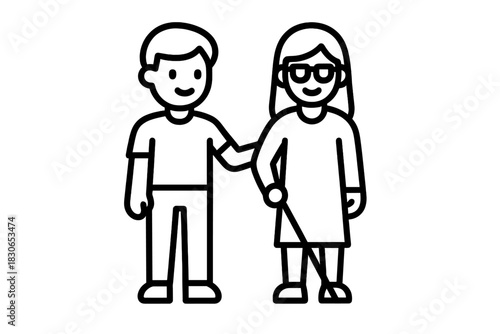 Man assisting visually impaired woman using a walking cane for support and mobility