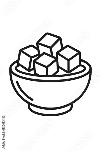 Simple outline graphic depicting sugar cubes resting inside a small serving bowl