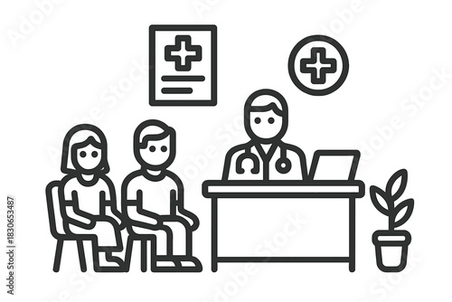 Medical consultation scene showing a doctor speaking with two patients sitting across a desk in a clinical