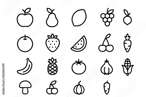 Essential food icons set featuring fresh fruits and organic vegetables in outline style