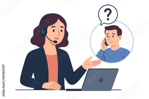 Professional help desk operator wearing a headset providing assistance to a customer