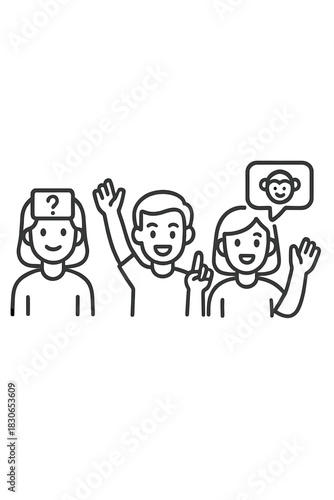 Three people discussing, asking questions, raising hands, and sharing ideas
