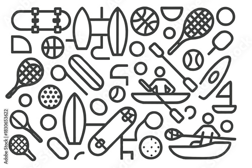 Seamless repeating pattern featuring various sports and outdoor activity equipment icons in black outline style