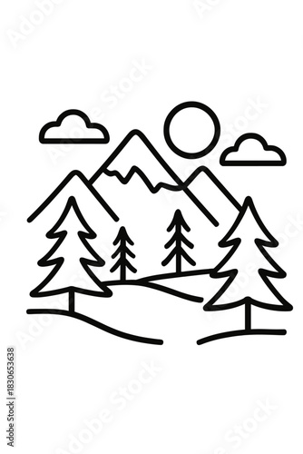 Simple monochromatic outline of a mountain landscape with evergreen trees, clouds, and sun