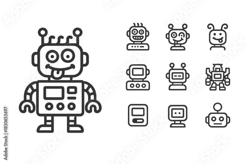 Funny and cute robot characters and heads designed in simple line art style for technology icons