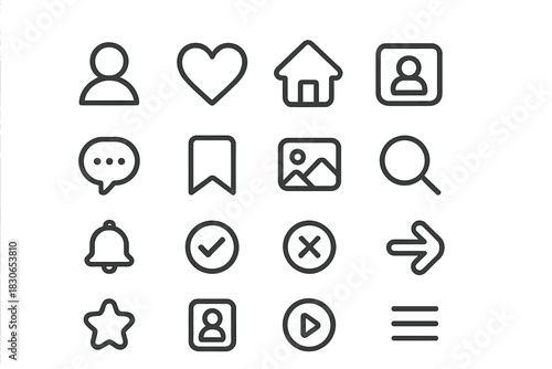 Universal outline icons for web and mobile applications featuring navigation and interaction elements