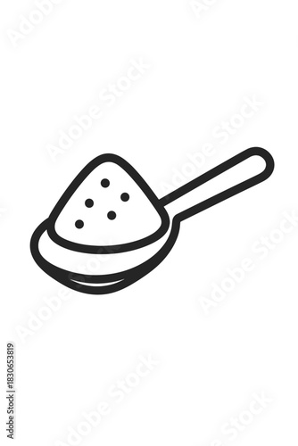 Measuring scoop holding a mound of baking powder or cooking spice ingredient