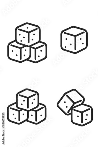 Stacked and single gaming dice cubes outline set for casino and gambling themes