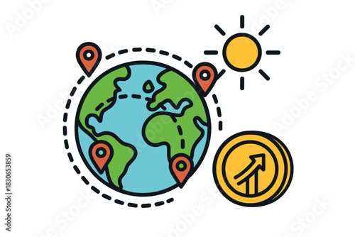 Global logistics and financial success marked by location pins on a stylized globe
