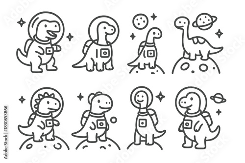 Adorable cartoon dinosaurs wearing astronaut suits exploring outer space and planets