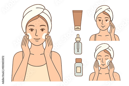 Woman applying facial cream and serum as part of daily beauty skincare routine