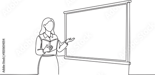 Female teacher gesturing while presenting educational content on a whiteboard silhouette presenter