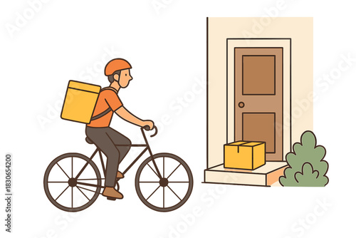 Delivery courier riding a bicycle to drop off a package at a residential doorstep
