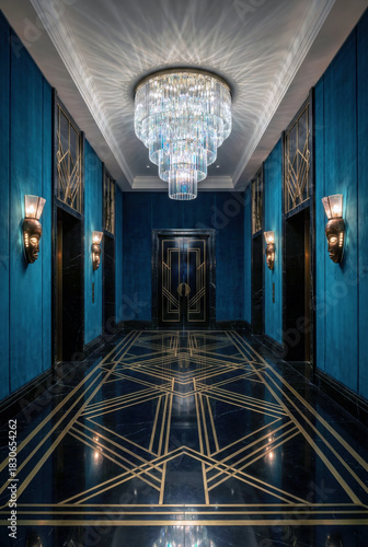 Luxurious Art Deco hallway featuring deep teal velvet walls, gold geometric floor patterns, and African mask sconces, symbolizing Afro-luxury and Harlem Renaissance revival.