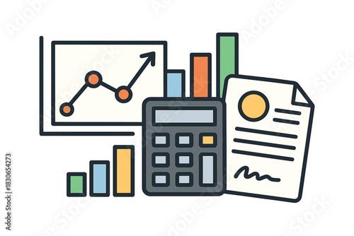 Essential elements for financial analysis with calculator, growing charts, and official document