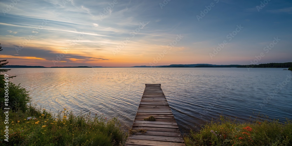 Naklejka premium Taureau Lake water and sky during summer travel, emphasizing scenic landscape and sunset views