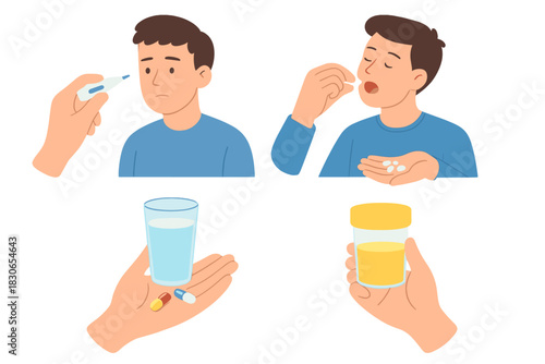 Medical checkup procedure showing temperature measurement, taking medicine, and sample collection
