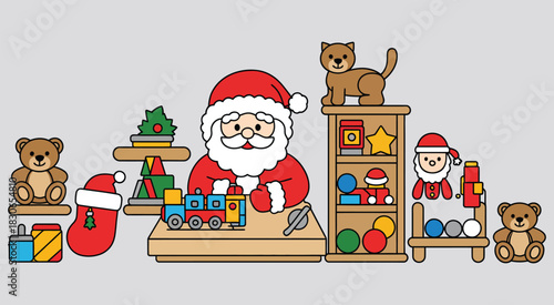 Santa crafting toys in workshop with teddy bears and colorful toys, adorable holiday cartoon scene, perfect for Christmas decorations