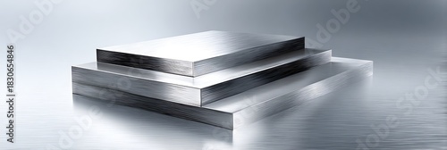 Stacked brushed aluminum plates with cool tone gradients and soft shadows