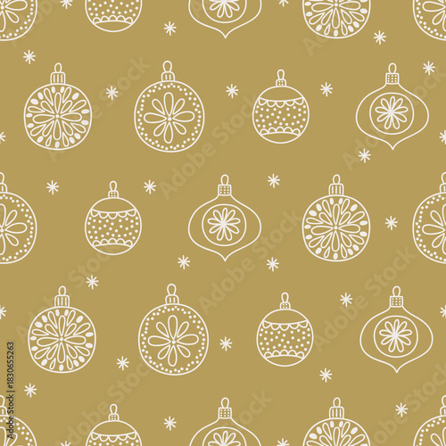Christmas seamless pattern with balls, baubles and snowflakes on gold background. Perfect for wallpaper, gift paper, winter greeting cards. Vector outline hand drawn illustration
