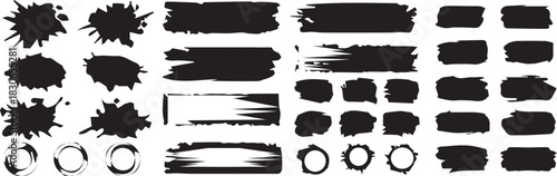Set of paint brush stroke and abstract grunge banner for graphic background decoration. Black watercolor splatter, texture, frame and abstract background for social media