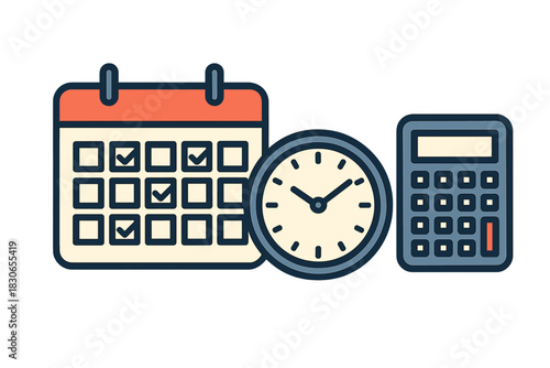 Calendar clock calculator icons for time management and financial planning