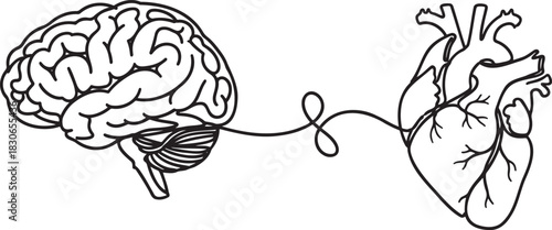 Silhouette of a brain and heart connected by a single line connection symbol