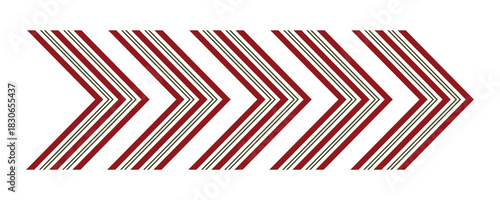 Christmas swipe arrow with repeating chevron stripes in red and green. Festive holiday directional graphic for website navigation banners social media stories winter themes, seasonal decorative design