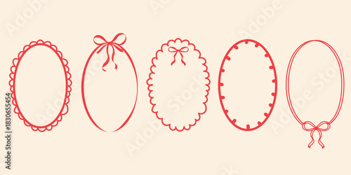 Soft pastel coquette oval label red frames. Gentle decorative shapes ideal for invitations
