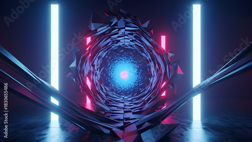 Fototapeta Naklejka Na Ścianę i Meble -  Futuristic abstract tunnel with vibrant neon lights creating a dynamic digital portal through a glowing energetic wormhole for modern technology backgrounds