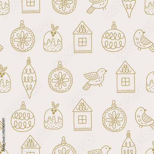 Christmas seamless pattern with birds, balls, baubles, houses, cakes on white background. Perfect for wallpaper, gift paper, winter greeting cards. Vector outline hand drawn illustration