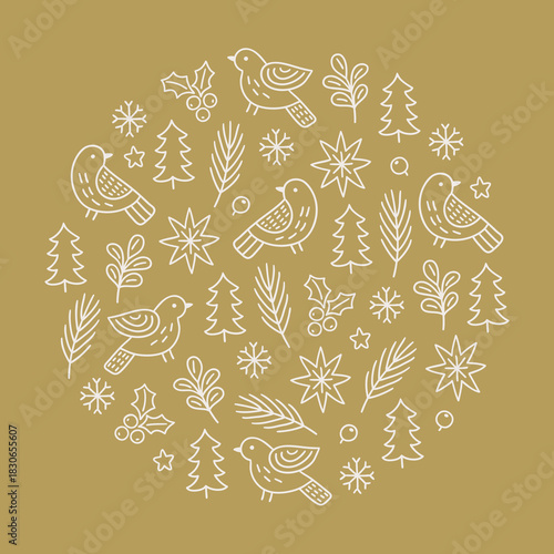 Christmas greeting card with birds, fir trees, stars, berries, snowflakes on gold background. Circle ornament. Perfect for winter holidays and decorations. Vector outline illustration