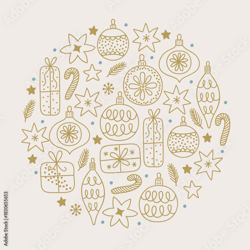 Christmas greeting card with gifts, balls, candy cane, stars, snowflakes, flowers on white background. Circle ornament. Perfect for winter holidays and decorations. Vector outline illustration
