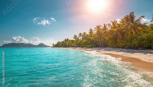 Fototapeta Naklejka Na Ścianę i Meble -  Tropical beach with palm trees beneath a bright sky, ideal for relaxation