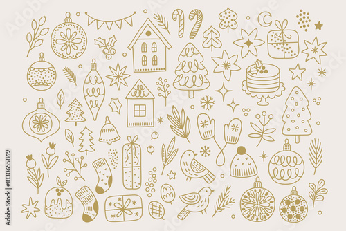 Christmas set - house, ball, flower, cake, garland, candy cane, berry, star, snowflake, fir tree, bird on white background. Perfect for winter greeting cards. Vector outline hand drawn illustration