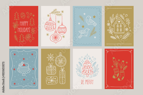 Christmas greeting cards with fir tree, balls, house, branches, cake, gift, snowflakes, cones, stars in Red, Gold, Light Blue and White. Perfect for holiday decoration. Vector outline illustration