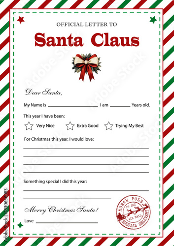 Christmas wish letter for kids, Santa Claus letter template