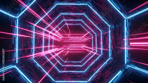 Fototapeta Naklejka Na Ścianę i Meble -  Immersive futuristic digital tunnel illuminated by vibrant neon blue and pink lights depicting rapid data transfer and abstract speed through an infinite technological cyberspace corridor