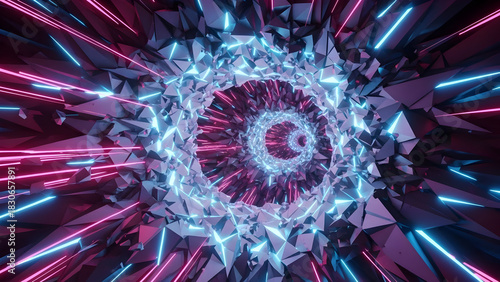 Fototapeta Naklejka Na Ścianę i Meble -  Dynamic abstract tunnel with glowing neon geometric polygonal shapes creating a vibrant digital portal for high-speed data flow and immersive cyberspace exploration background visualization