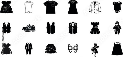 Fashionable clothing collection featuring dresses tops and outerwear silhouette