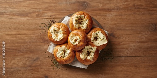 Bagels topped with butter a...
