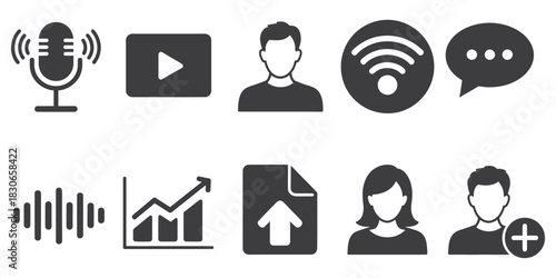 Podcast and social media solid icon set, essential communication and networking symbols including microphones, chat bubbles, social platforms