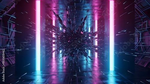 Fototapeta Naklejka Na Ścianę i Meble -  Futuristic digital disruption with abstract shattering sphere in a dark sci-fi corridor illuminated by vibrant neon pink and blue light strips for a dynamic technology background