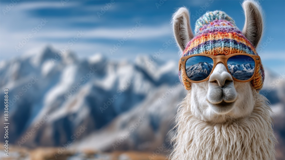Fototapeta premium A whimsical llama is portrayed wearing a vibrant knitted hat and sunglasses, set against a stunning mountainous backdrop, highlighting humor and playful personality in nature's beauty.