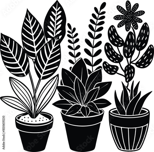 Seamless floral pattern with decorative home potted houseplant leaves and flowers