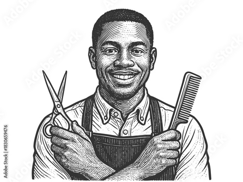 smiling male barber with scissors and comb, ideal for grooming themes sketch engraving generative ai fictional character vector illustration. Scratch board imitation. Black and white image.