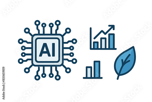 Artificial intelligence processor, rising bar charts, and natural leaf symbols for data analysis