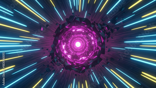 Fototapeta Naklejka Na Ścianę i Meble -  Immersive futuristic abstract background featuring a vibrant glowing magenta fragmented tunnel and high-speed radiating cyan and yellow light streaks embodying digital speed and advanced technology
