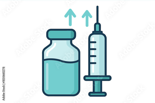 Medical syringe and vaccine vial with upward arrows symbolizing dosage and efficacy