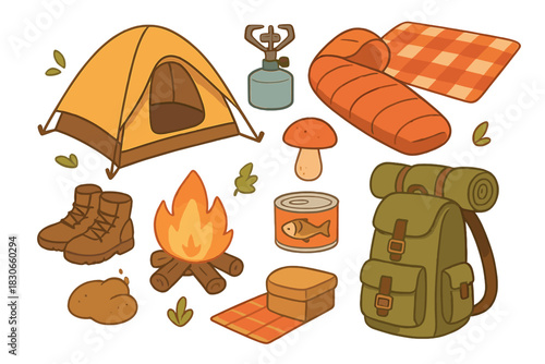 Essential camping and hiking equipment set including tent, backpack, and campfire